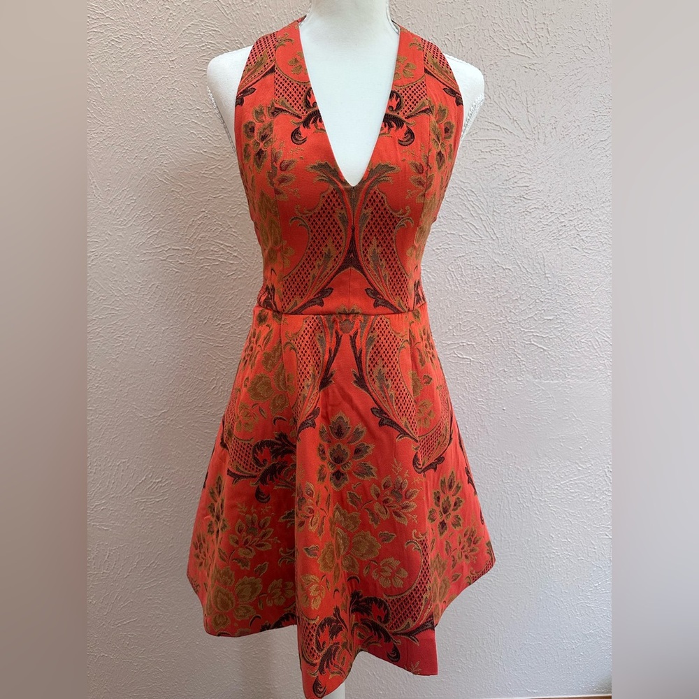 Alice + Olivia Mollie Pleated Fit and Flare Jacquard Orange Floral Dress Sz 0